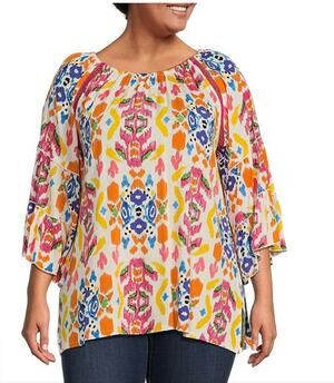 New Calessa Abstract Ikat Print 3/4 Tiered Sleeve Tunic Shirt Plus Sz 1X